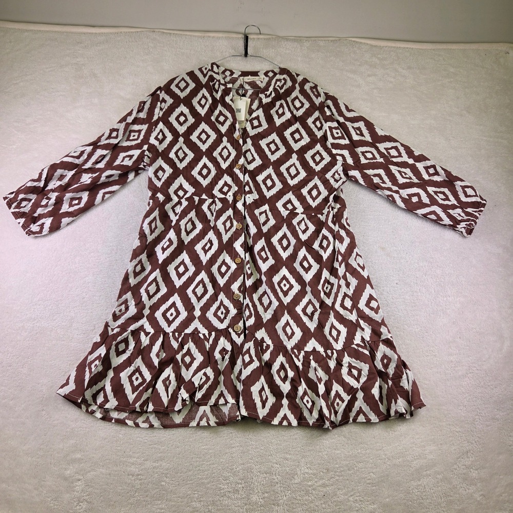 Salty Lemon Brown White Ikat Diamond Print Ruffle Hem Button Down Dress XL NEW